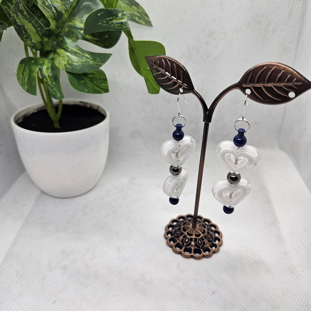 Chic White and Blue Heart Earrings